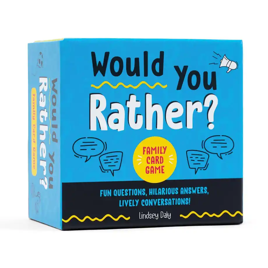 The "Would You Rather? Family Card Game" by National Geographic Kids, featuring a colorful and engaging design. Packed with hilarious and thought-provoking questions, this card game is perfect for entertaining kids and families with fun things to do at sleepovers.