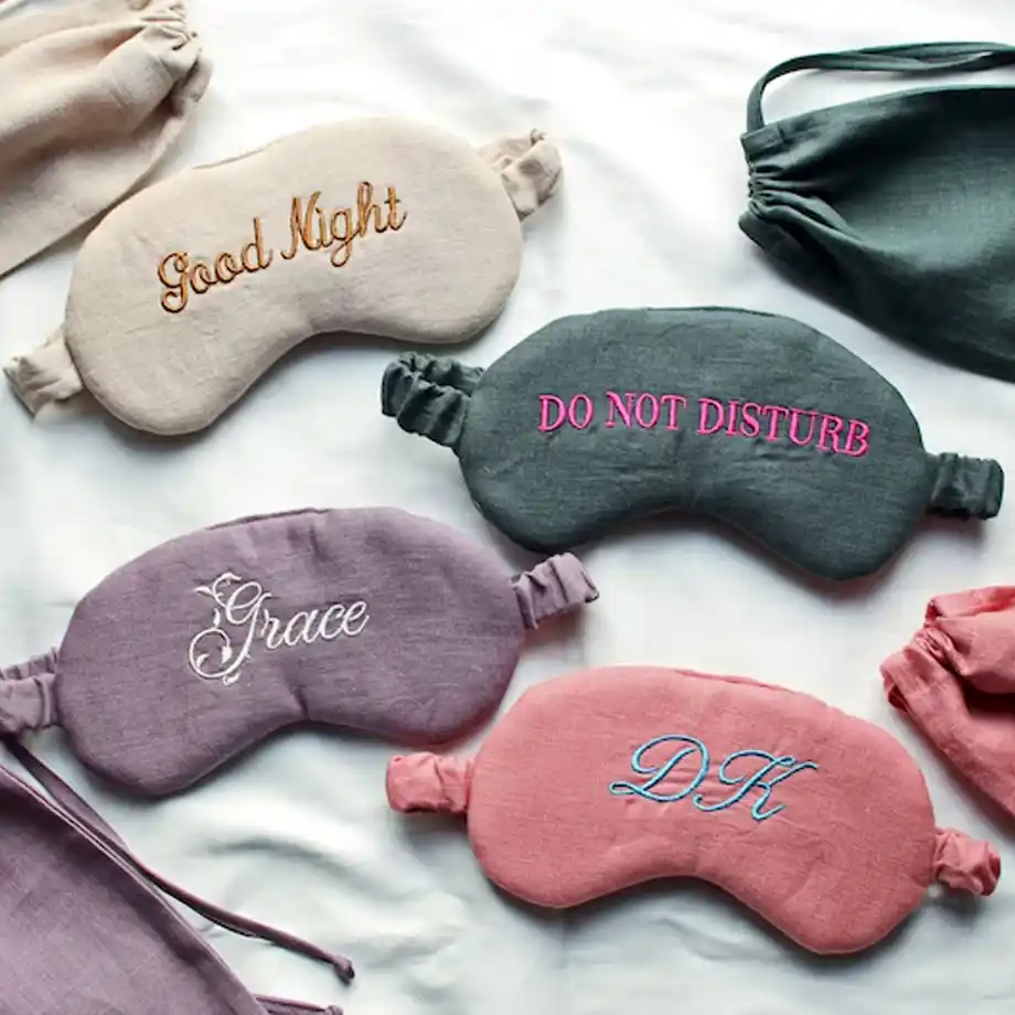 A beautifully embroidered linen sleep mask with customizable options, perfect for creating a cozy and stylish sleepover experience. This DIY sleep mask kit is a fun and relaxing activity, making it one of the unique things to do at sleepovers while ensuring a restful and luxurious night for all participants.