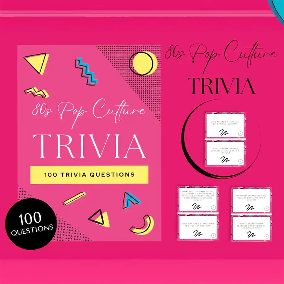 A set of 80s pop culture trivia cards featuring fun trivia questions for kids. Perfect for engaging young minds with a blast from the past, these trivia cards offer a nostalgic and educational experience for themed parties or casual family games.