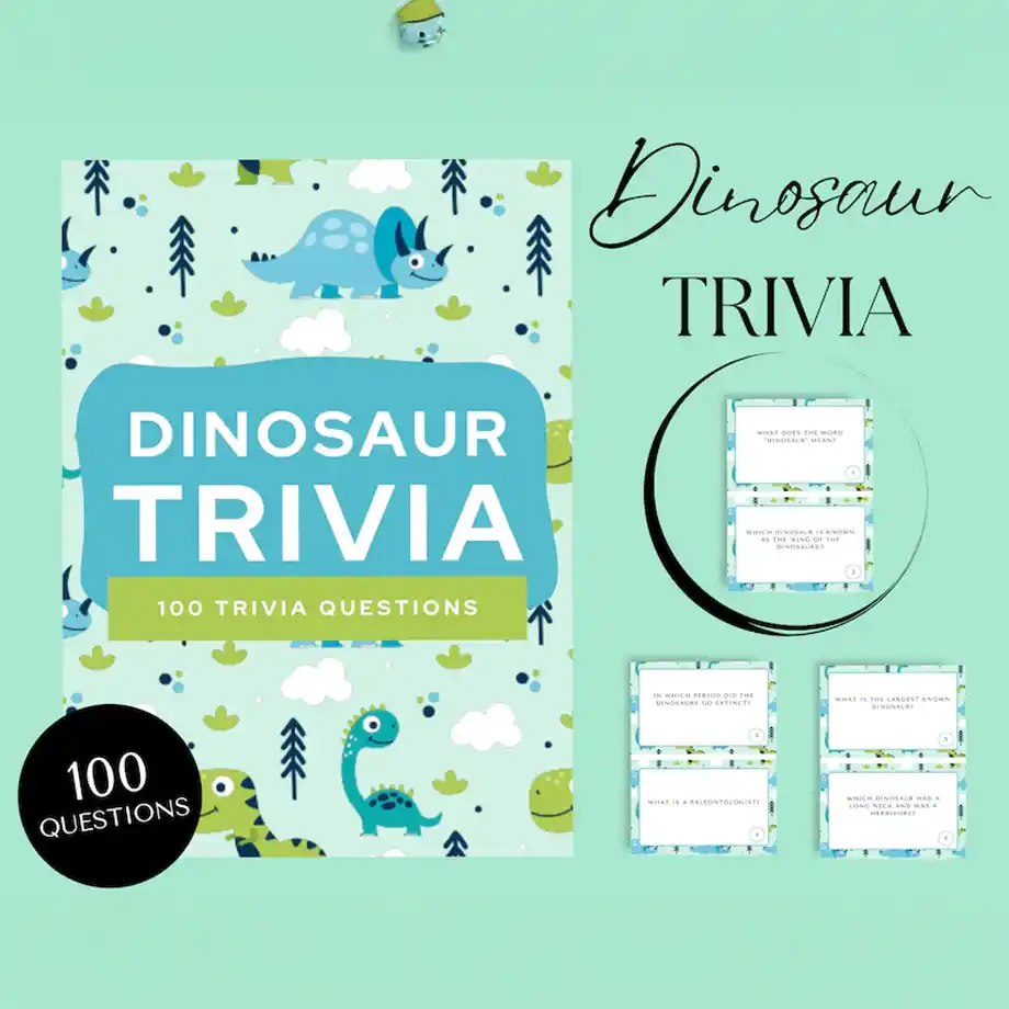 A colorful set of dinosaur-themed trivia cards featuring fun and engaging trivia questions for kids. Ideal for family game nights, classroom activities, or entertaining young dinosaur enthusiasts.