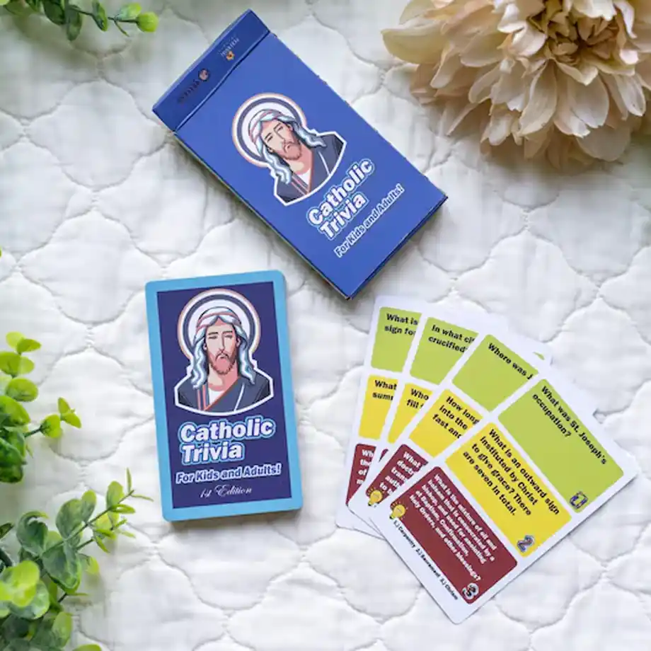 A beautifully designed Catholic trivia card set featuring catechism-based trivia questions for kids. Perfect for teaching faith in a fun and engaging way during family gatherings, religious education classes, or youth group activities.