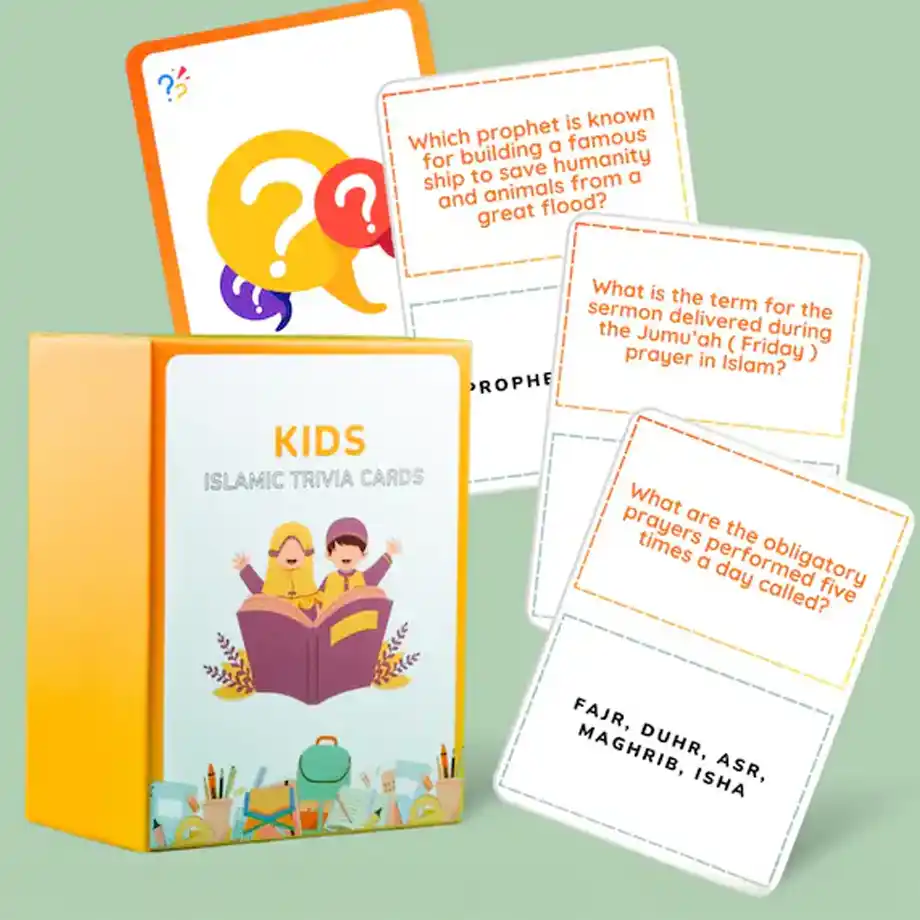 A colorful set of Islamic trivia cards designed for kids, featuring engaging trivia questions about Islamic teachings, history, and values. Ideal for family game nights, classroom activities, or religious learning sessions to make education fun and interactive.