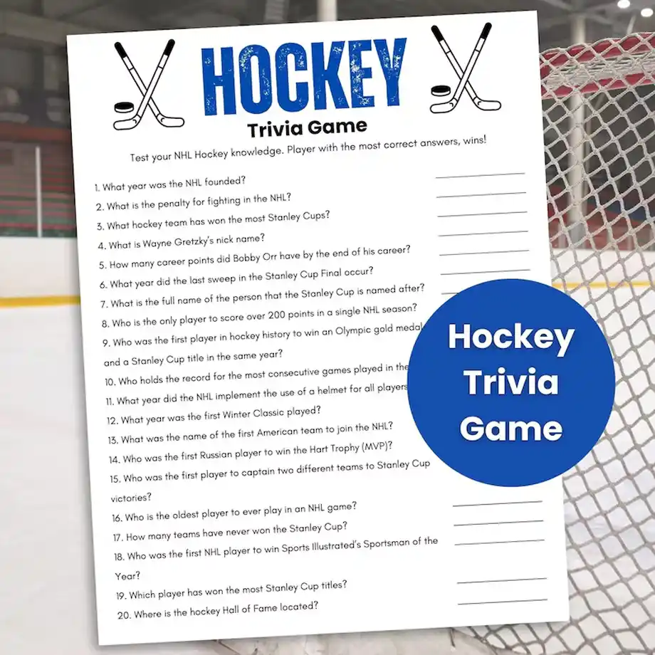 This Hockey Trivia Game features printable trivia questions for kids, offering an exciting way for young fans to test their knowledge of the sport. Perfect for game nights or hockey-themed parties, this game combines fun and learning through engaging hockey facts and challenges.