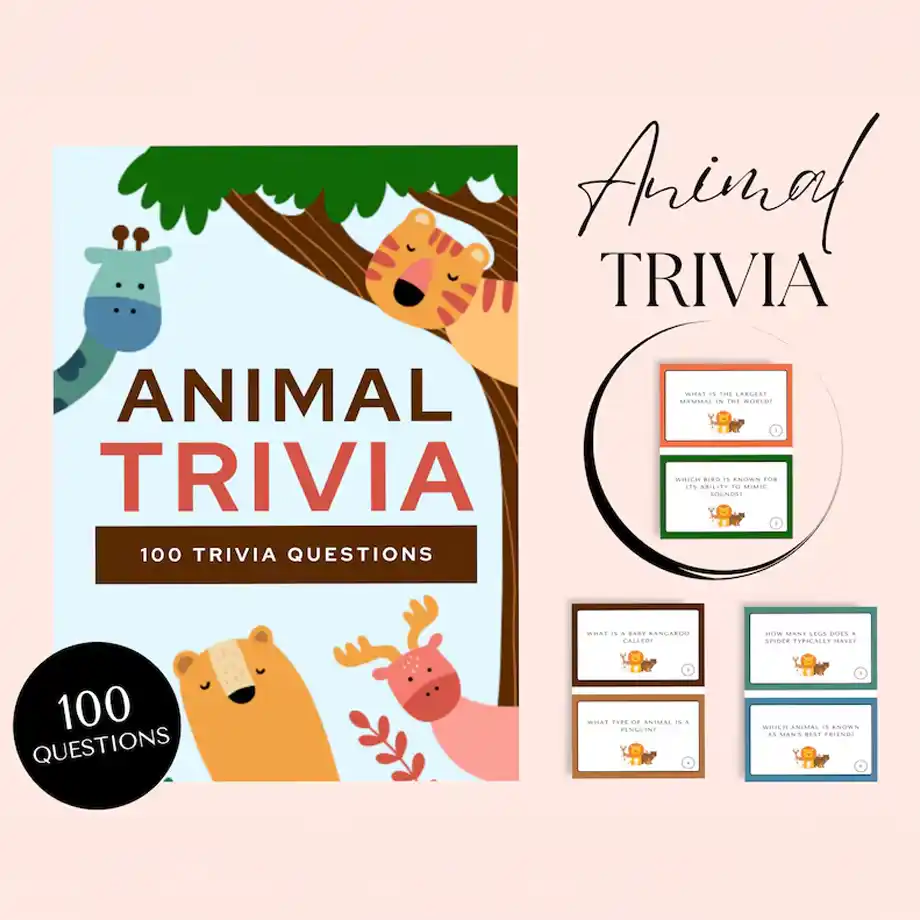 A set of engaging animal trivia cards designed for kids, featuring fun and educational trivia questions for kids about animals. Perfect for family game nights or learning sessions, this set promotes knowledge and excitement.