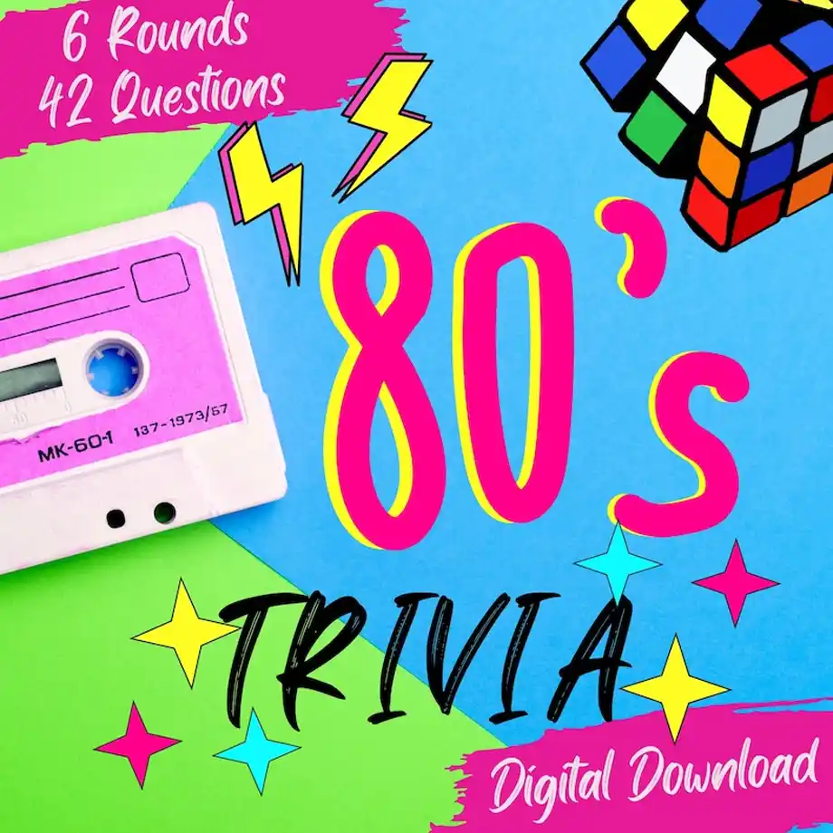 A printable 80s themed party game featuring pop trivia questions for kids, offering an exciting and nostalgic activity for young players. Perfect for retro-themed parties, this trivia game brings fun, entertainment, and educational value to any gathering.