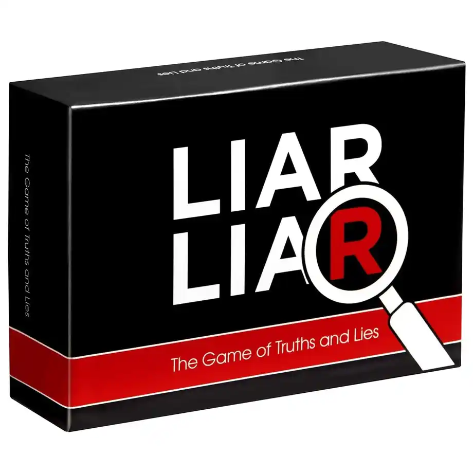 The Liar Liar party game box, featuring the tagline 'The Game of Truths and Lies.' Perfect for generating creative two truths and a lie ideas and adding excitement to any gathering.