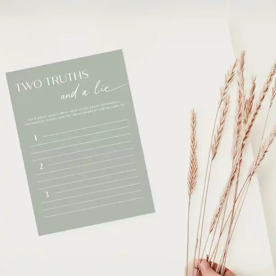 Simplify your party fun with this minimalist "Two Truths and a Lie" template. Offering clean design and creative Two Truths and a Lie ideas, this game is perfect for adding a touch of elegance to your event while keeping your guests entertained.