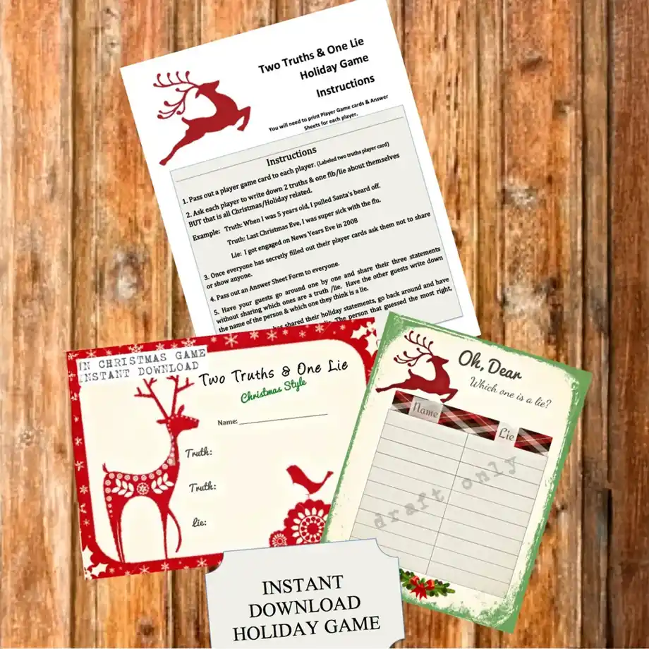 This holiday-themed Two Truths and a Lie game is available for instant download, featuring creative "two truths and a lie ideas" perfect for seasonal parties or family gatherings. Enjoy this fun and surprising game that will bring laughter and conversation to your holiday celebrations.