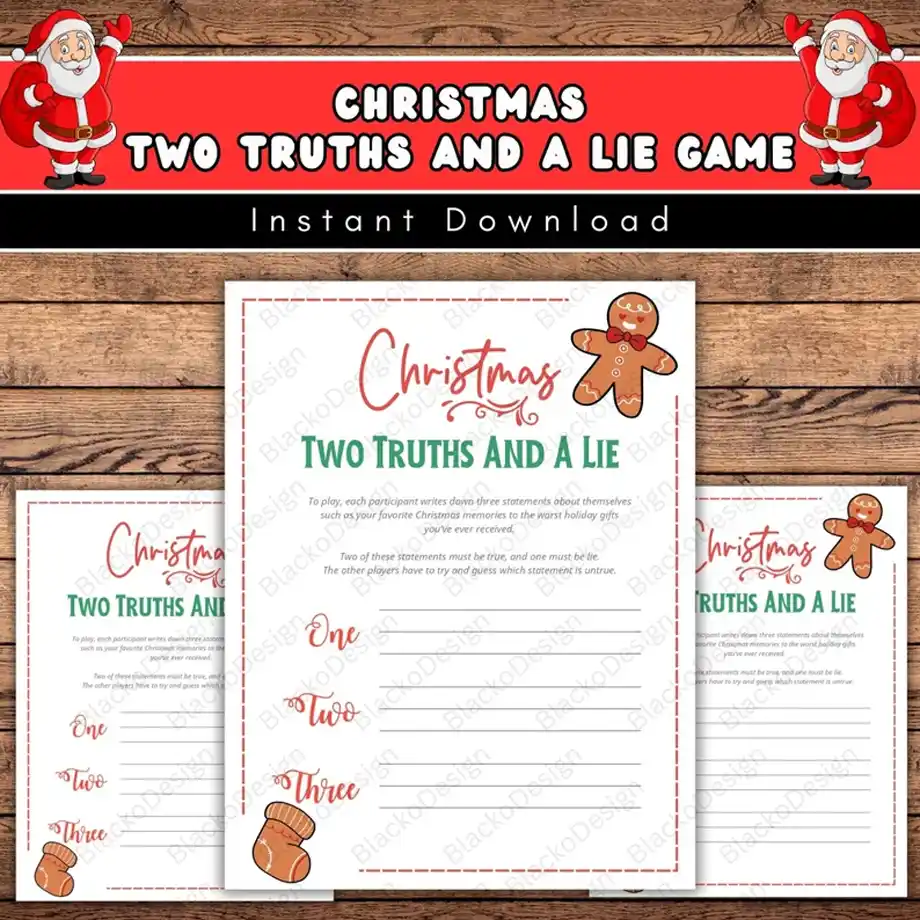 Celebrate the holiday season with this Christmas-themed Two Truths and a Lie game! This printable game is filled with creative "two truths and a lie ideas," perfect for family gatherings, parties, or holiday events. Enjoy a fun and surprising icebreaker activity that will bring laughter and joy to your celebrations.