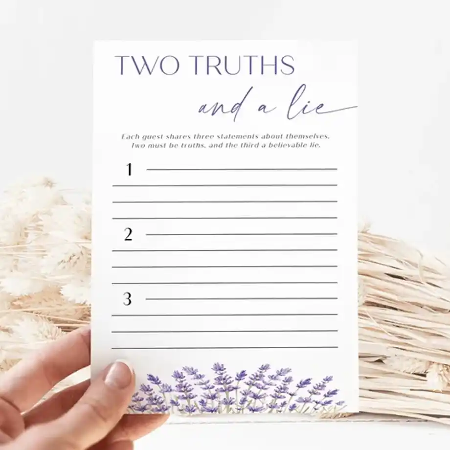 Printable Two Truths and a Lie template for bridal showers, designed to engage guests in a fun and interactive icebreaker game. Perfect for creating memorable moments and laughter at your bridal party or wedding celebration. Ideal for adding to your collection of two truths and a lie ideas for events.