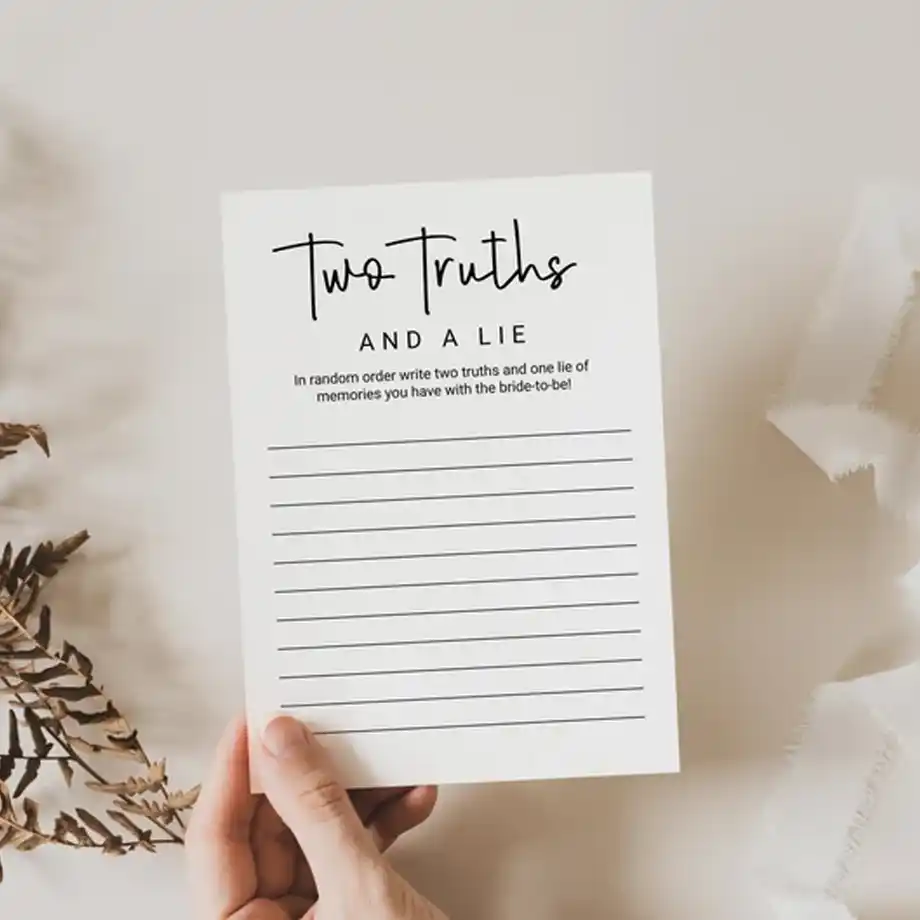 Add fun and excitement to your bridal shower with this printable "Two Truths and a Lie" game template. Perfect for creating memorable moments, this game offers plenty of Two Truths and a Lie ideas for your guests to enjoy.