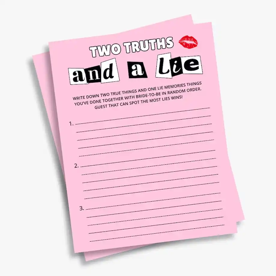 Bring some "Mean Girls" flair to your party with this themed "Two Truths and a Lie" game. Perfect for adding fun and creative Two Truths and a Lie ideas, this game is ideal for making your event unforgettable.