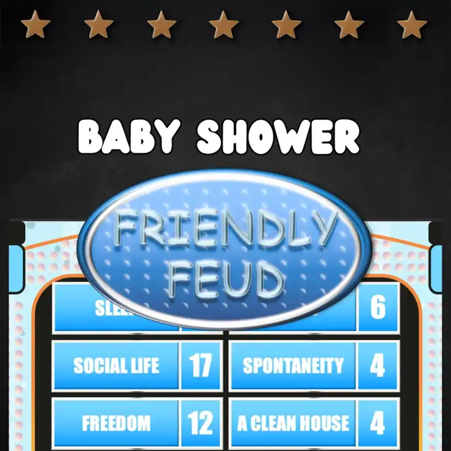 Interactive 'Friendly Feud' game for virtual baby shower games, a competitive and engaging activity that brings guests together with fun baby-related questions.