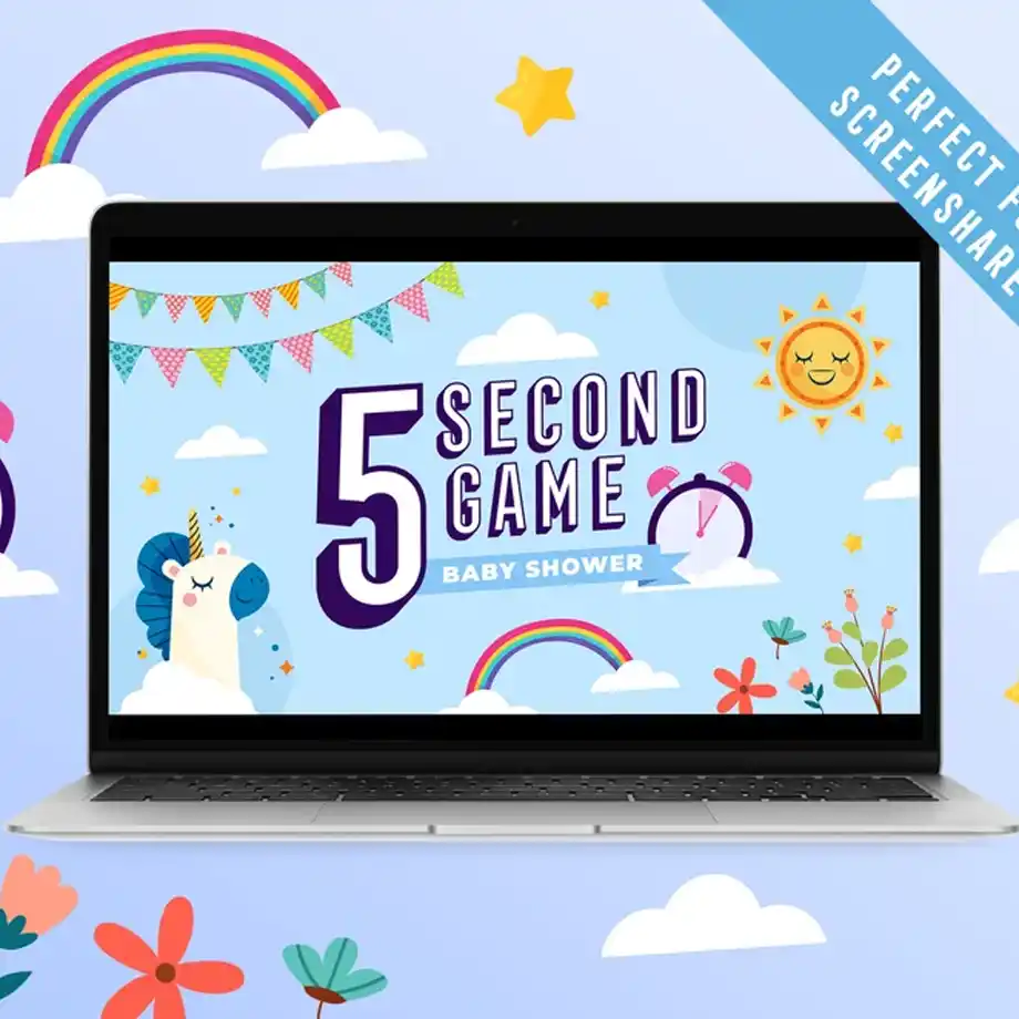 Engaging 5-Second Game PowerPoint for virtual baby shower games, offering a fun and fast-paced challenge where guests quickly answer baby-themed questions.