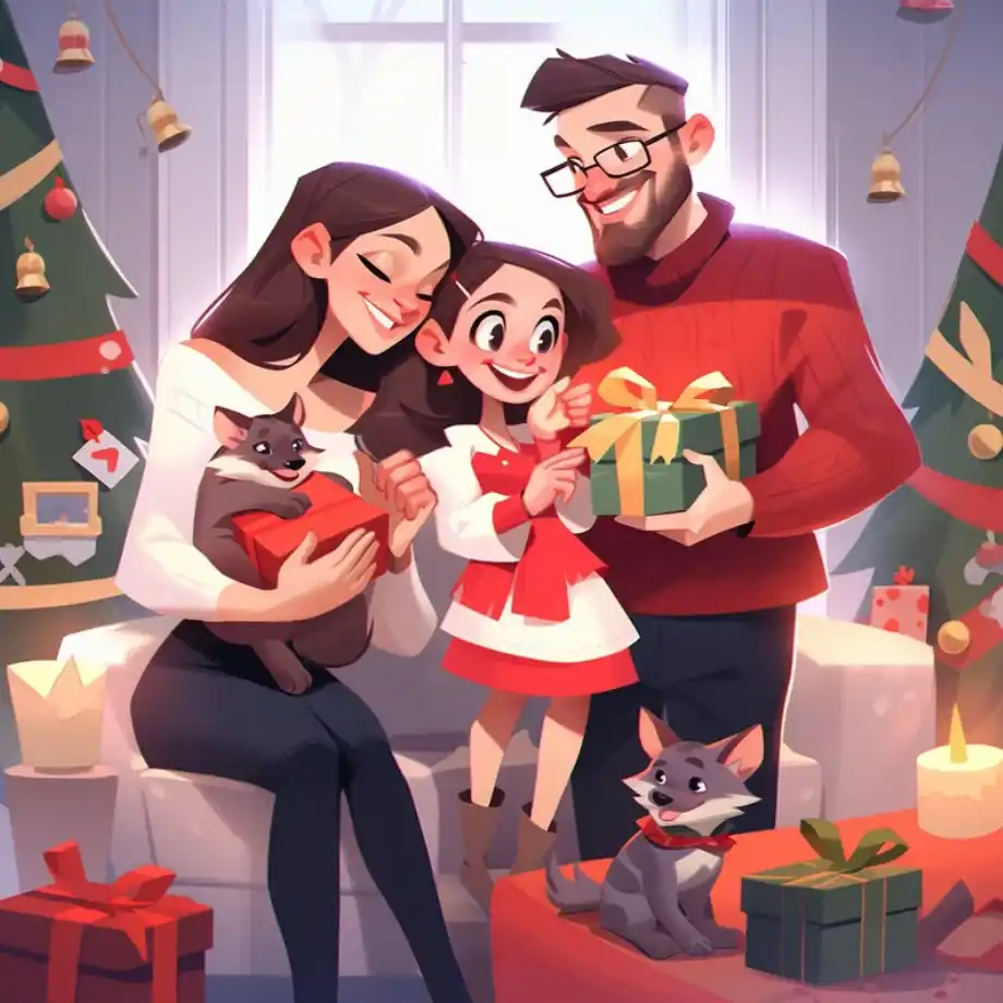 A festive, animated-style illustration of a family celebrating Christmas. The family of three is smiling while holding gifts. The mother is holding a cat, and the daughter is holding a present. The father is holding a wrapped gift. A Christmas tree decorated with bells and ornaments is in the background, along with wrapped presents and two small dogs sitting on the floor. The cozy scene captures the warmth of the holiday season.







