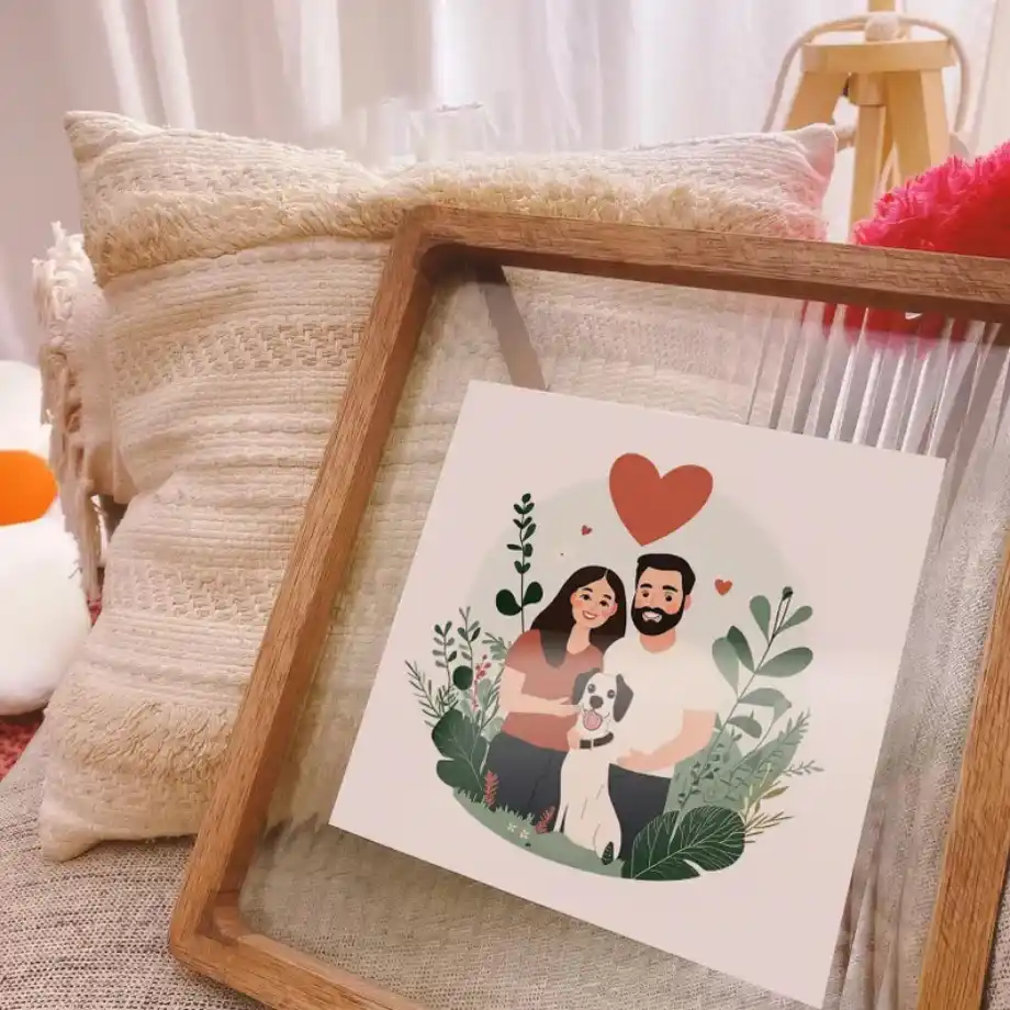 A framed illustration of a couple and their dog surrounded by lush greenery. The couple is smiling, with a red heart above their heads, symbolizing love. The background features plants and flowers, creating a warm, intimate setting. The picture is displayed in a wooden frame and placed on a cozy couch with soft pillows.