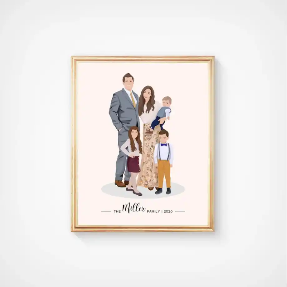 A digital illustration of a family of five standing together. The father, wearing a suit, stands on the left, while the mother, in a floral dress, stands beside him, holding a toddler. Two children, a girl in a skirt and a boy in suspenders and a bow tie, stand in front of them. The illustration is framed in gold with the text "THE Miller FAMILY | 2020" at the bottom. The background is a soft beige.