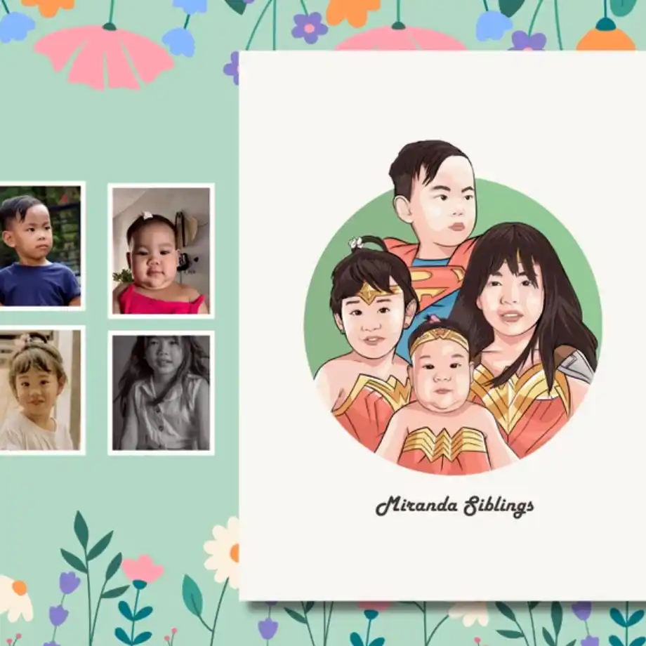 A colorful illustration of four siblings dressed as superheroes, including Wonder Woman and Superman, set within a circular frame. The siblings are shown smiling, with a baby in a Wonder Woman costume at the center. Surrounding the portrait are smaller photos of the children in casual clothes, and the background is filled with bright, floral patterns. The text "Miranda Siblings" is written below the illustration.