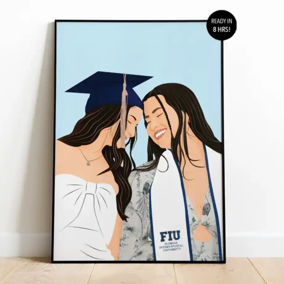 Illustrated portrait of two smiling women celebrating graduation, with one wearing a graduation cap and the other a sash with the Florida International University logo, framed against a light blue background."