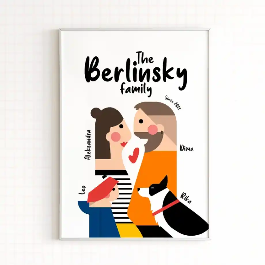 A colorful and playful digital illustration of the Berlinisky family. The portrait features the parents, Dima and Aleksandra, standing together with their son, Leo, in front of them. They are accompanied by their dog, Rika. The family members are illustrated with abstract shapes and bright colors, with a heart symbol between the parents. The text "The Berlinisky family Since 2011" is displayed above the figures. The background is white with a subtle grid pattern.