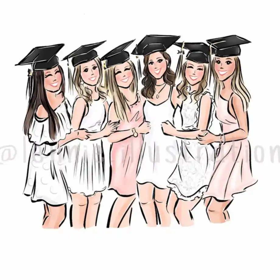 An artistic illustration of six women wearing graduation caps and pastel-colored dresses, standing arm-in-arm and smiling, celebrating their graduation.