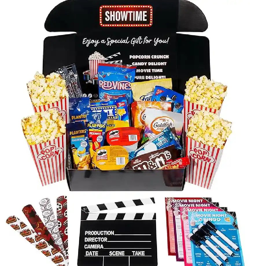 Complete movie night kit with popcorn and snacks, perfect for creative first date ideas at home.