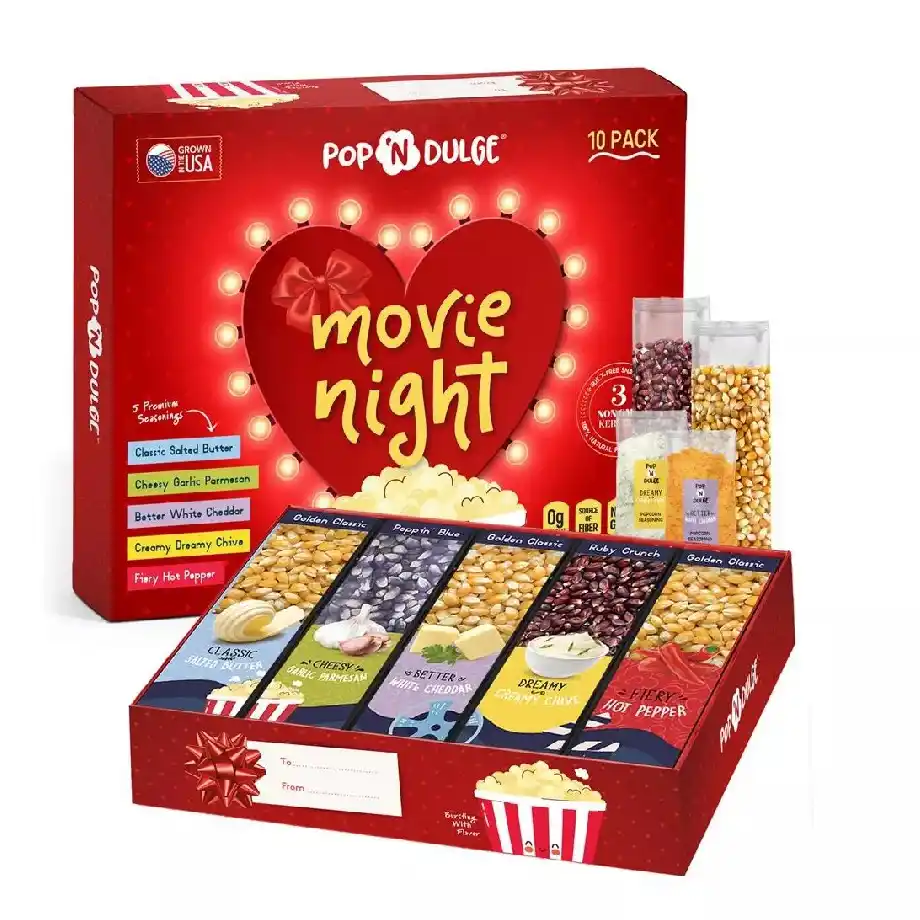 Popcorn sampler box perfect for cozy first date ideas, offering delicious movie-night snack options.