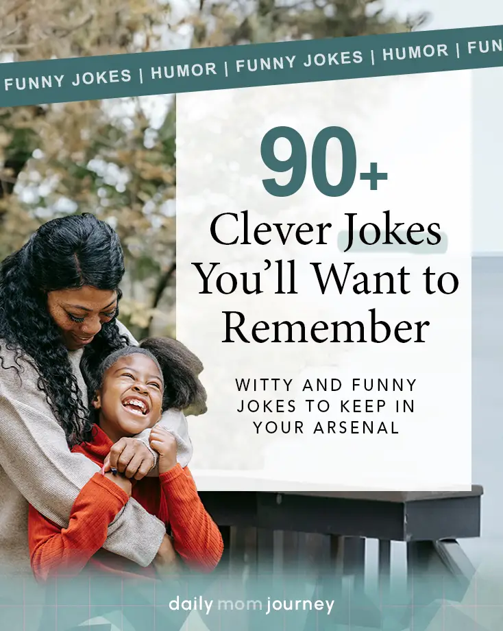 A cozy scene of a mom and child sharing laughter, highlighting "90+ Clever Funny Jokes" to keep and share.