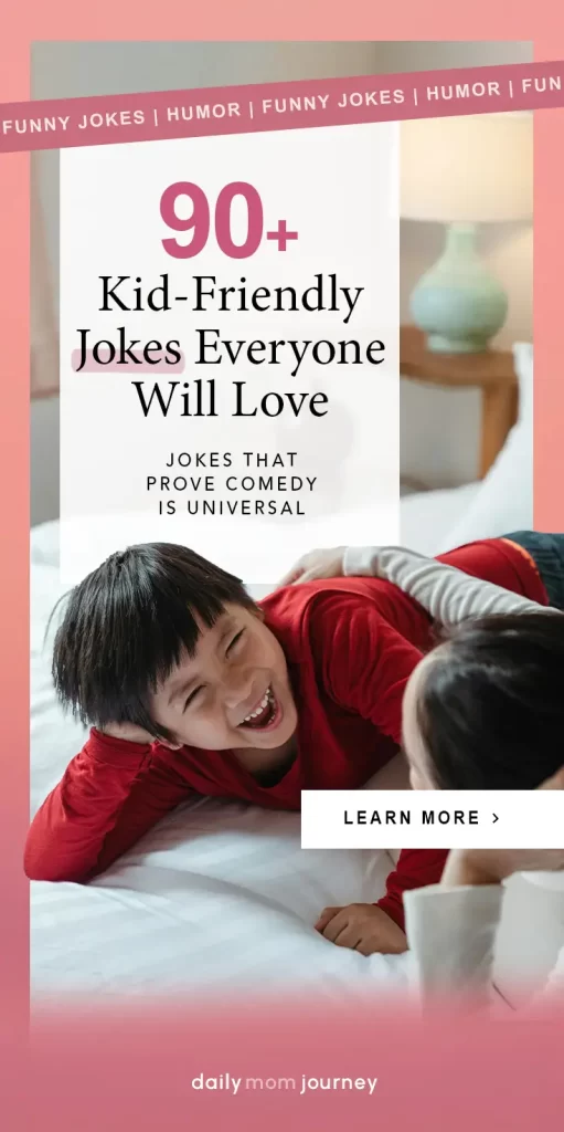 A cheerful moment of kids laughing on a bed, promoting "90+ Kid-Friendly Funny Jokes" that bring universal laughter.