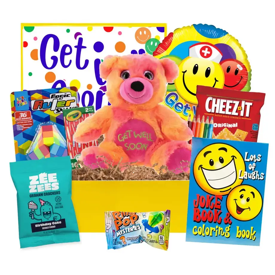 A delightful get well gift designed for kids, featuring fun and personalized items to brighten their day and share a get well soon message