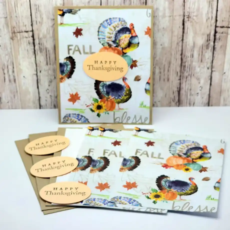 A set of Thanksgiving-themed cards with turkeys, pumpkins, fall leaves, and the phrase "Happy Thanksgiving" prominently displayed.