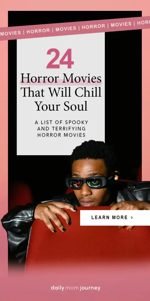 A man wearing 3D glasses in a movie theater, highlighting "24 Best Horror Movies That Will Chill Your Soul" with a spooky and engaging design.