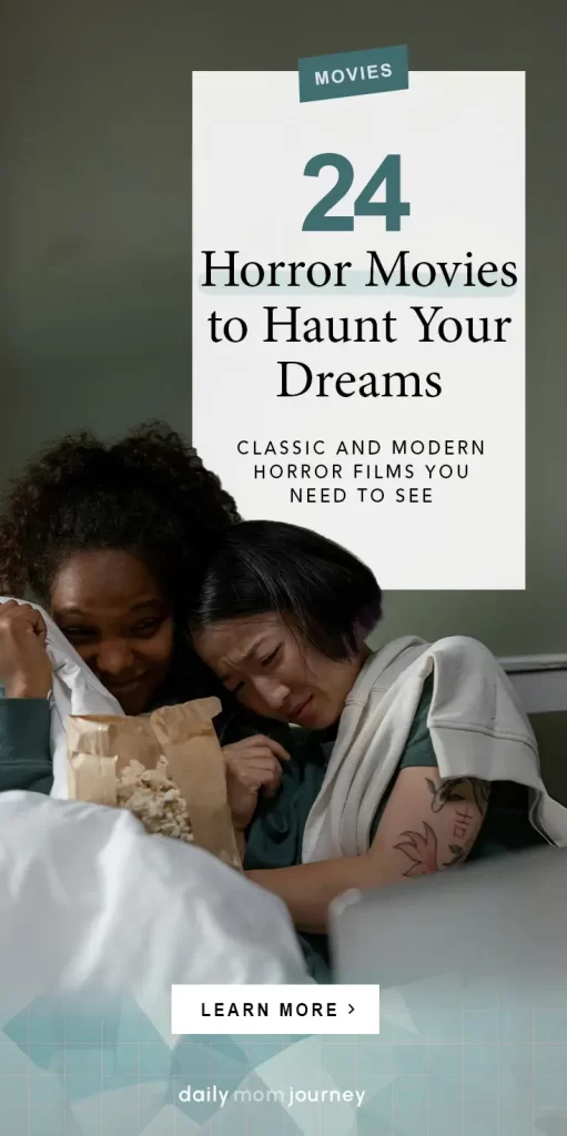 Two friends watching a scary movie while clutching popcorn, promoting "24 Best Horror Movies to Haunt Your Dreams" with a mix of classic and modern horror films.