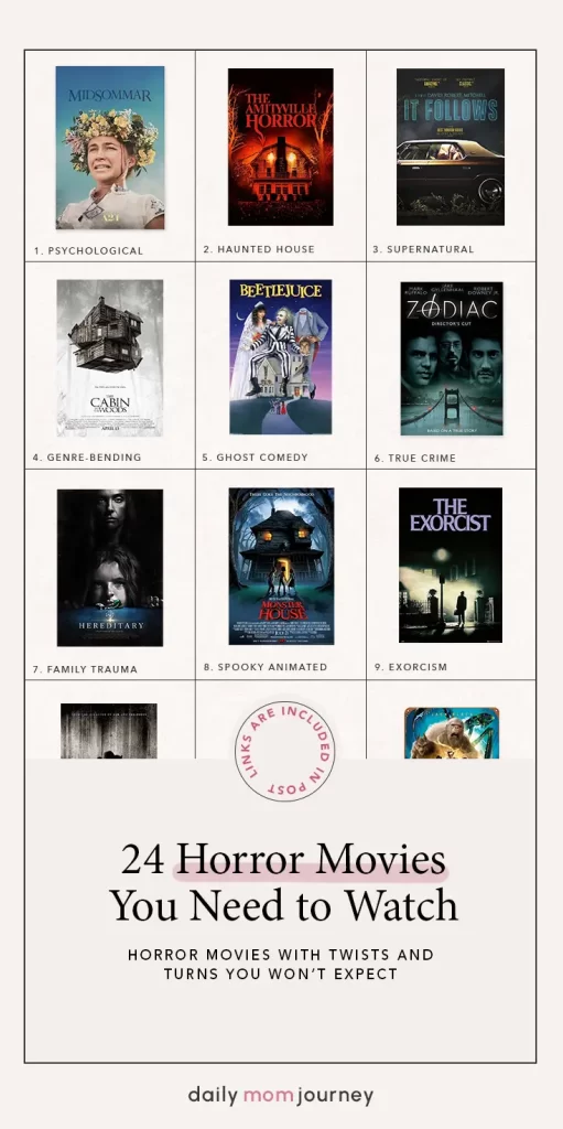 A grid of horror movie posters including Midsommar, The Amityville Horror, and The Exorcist, showcasing 24 best horror movies across various genres like psychological, haunted house, and supernatural.