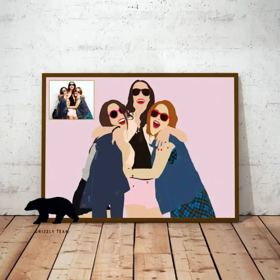 A digital minimalist illustration of three friends posing together, wearing sunglasses and casual outfits. The image is framed with a small photo of the same group in the top left corner. The background is a soft pink, with wooden floorboards visible at the bottom. A bear silhouette logo is placed at the bottom left of the image.