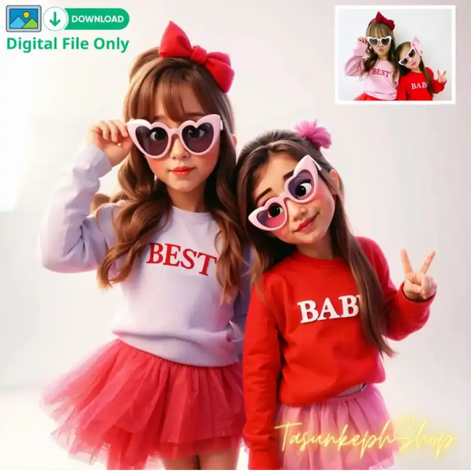 A cartoon-style illustration of two young girls posing together in matching outfits. One girl is wearing a purple "BEST" sweatshirt, and the other is in a red "BABY" sweatshirt. Both girls are wearing oversized heart-shaped sunglasses and pink tulle skirts, with bows in their hair. A smaller photo of the girls in the same outfits is displayed in the top right corner. The image is vibrant and playful, capturing their joyful expressions.