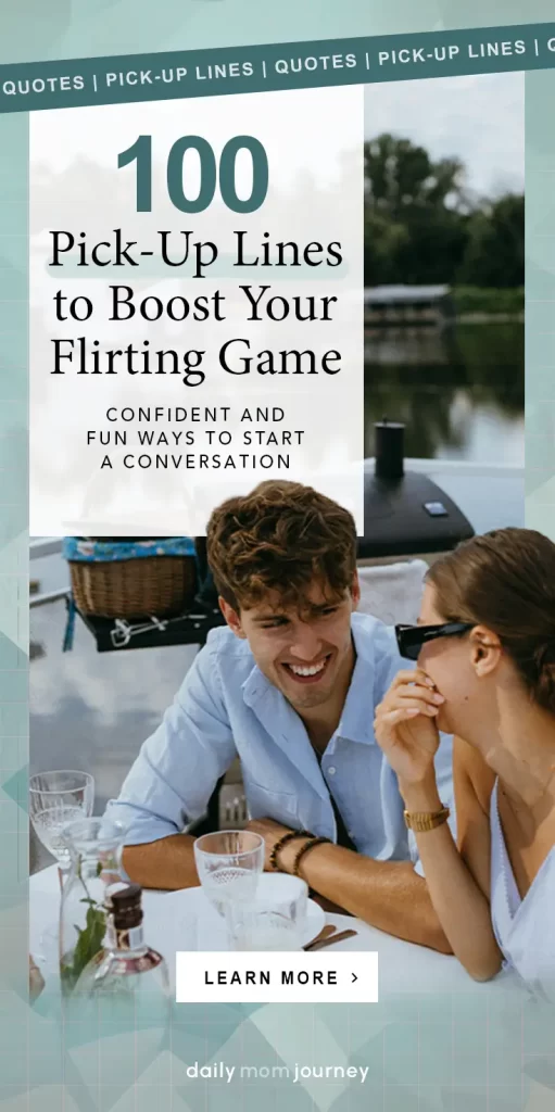 A smiling couple enjoying a moment together, highlighting '100 Pick-Up Lines to Boost Your Flirting Game' with fun and confident conversation starters.