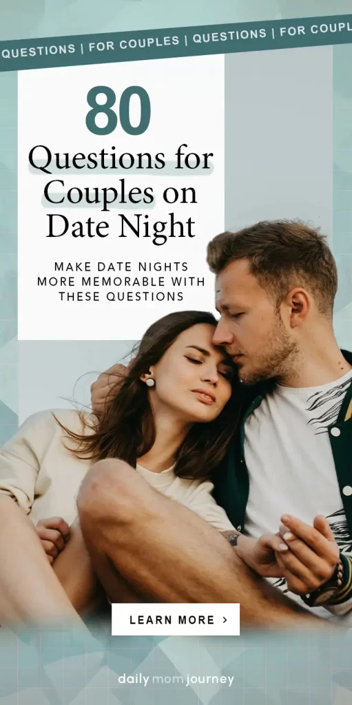 A romantic couple leaning on each other, promoting 80 thoughtful questions for couples to make date nights more memorable.