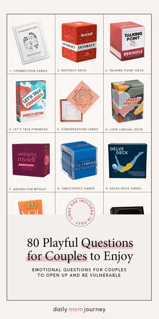 A collection of conversation card decks designed to inspire 80 playful questions for couples to open up and connect emotionally.