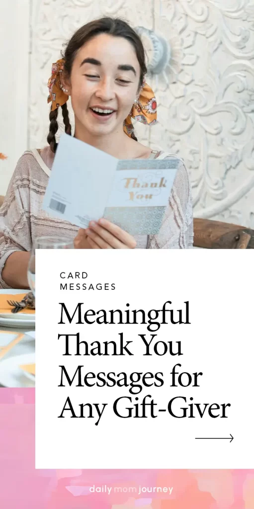 A happy woman holding a thank you card, smiling while expressing appreciation with a meaningful thank you message for gift.