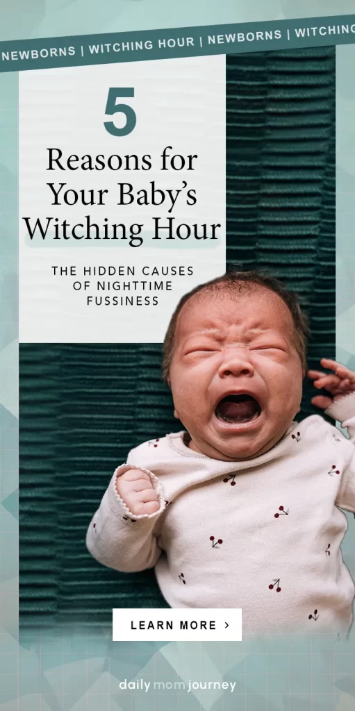 A newborn baby crying intensely, highlighting the challenges of the witching hour and nighttime fussiness.