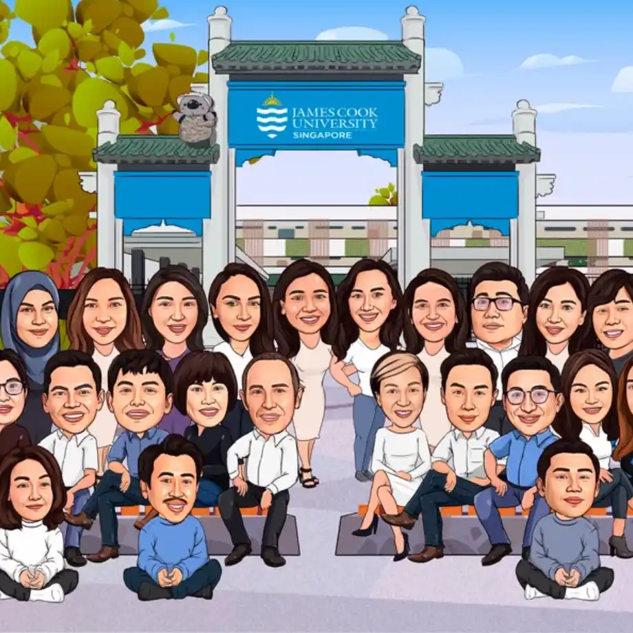 A cartoon-style illustration of a work team gathered in front of the James Cook University Singapore entrance. The team members are depicted with exaggerated, playful features, and they are arranged in two rows. The illustration shows a mix of men and women wearing white and blue attire, with a koala on top of the entrance gate. The background features trees, a building, and the university's logo.