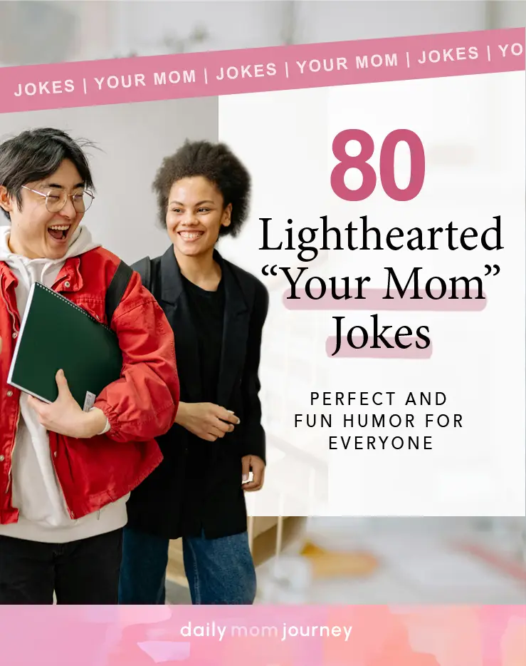 A cheerful image of two friends laughing, with the text "80 Lighthearted Your Mom Jokes - Perfect and Fun Humor for Everyone" in bold.