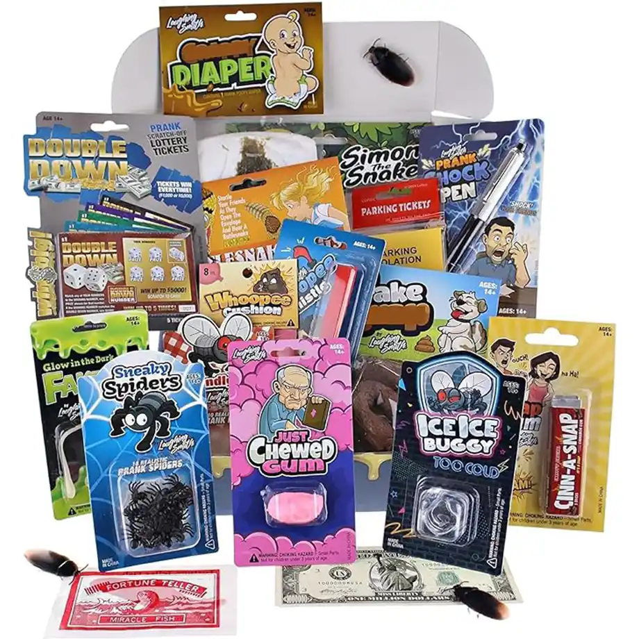 A colorful assortment of prank items like fake bugs, trick gum, and whoopee cushions. The image highlights fun joke toys for playful mischief and laughs.