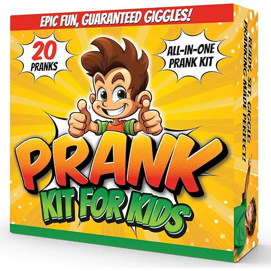 A playful set of kid-friendly prank items, including fake insects, squirting flowers, and trick candies. The image captures a fun collection designed to spark laughter and harmless mischief.