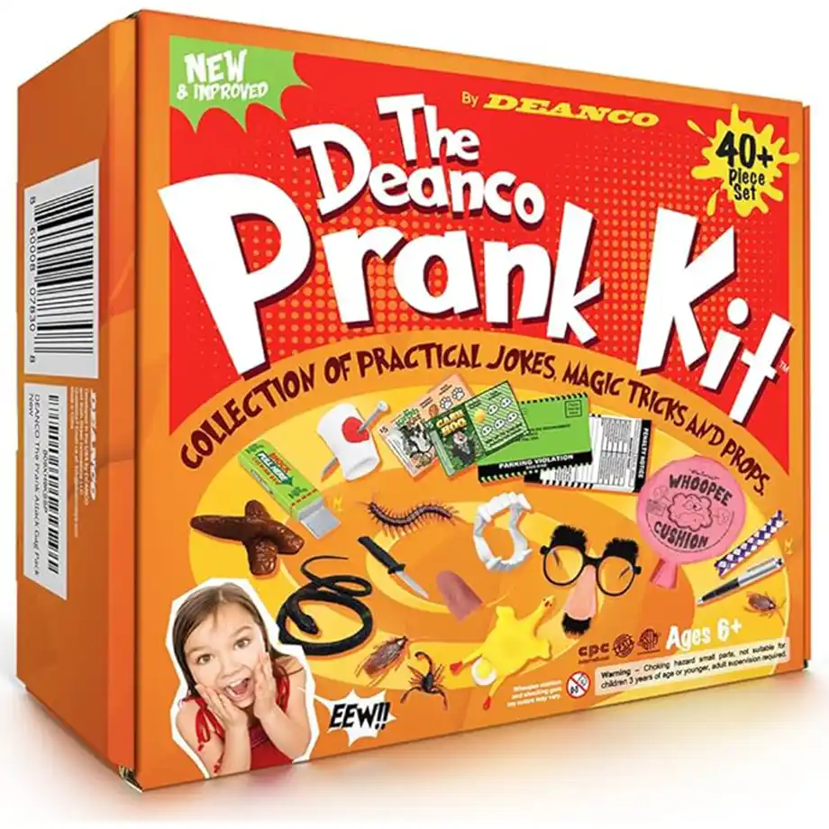 A vibrant prank kit featuring items like fake bugs, trick gum, and classic joke props. The set is designed for fun-filled pranks and playful surprises.