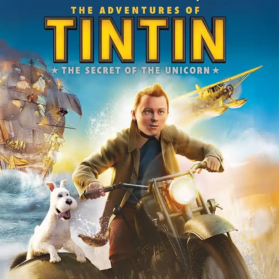 The movie cover for The Adventures of Tintin, a thrilling animated adventure where Tintin and his companions uncover a mystery. One of the best animated movies, praised for its exciting storyline, stunning animation, and action-packed scenes.