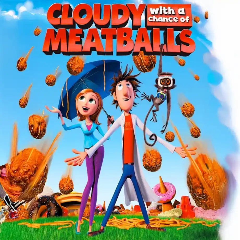 The movie cover for Cloudy with a Chance of Meatballs, an animated comedy about a scientist who invents a machine that turns water into food. A standout among the best animated movies, it’s filled with humor, imagination, and plenty of food-related fun.