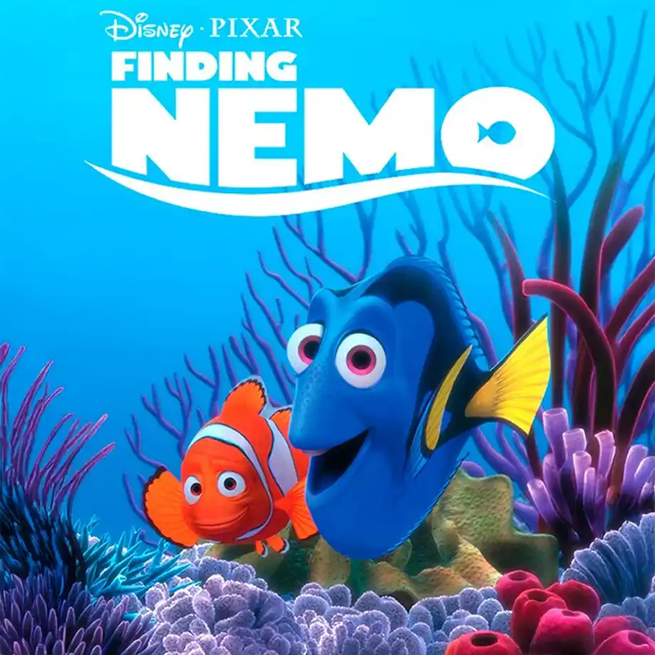 Movie cover of Finding Nemo featuring Marlin, Dory, and Nemo swimming through vibrant coral reefs. This family-friendly classic is celebrated as one of the best animated movies, showcasing an unforgettable underwater adventure.