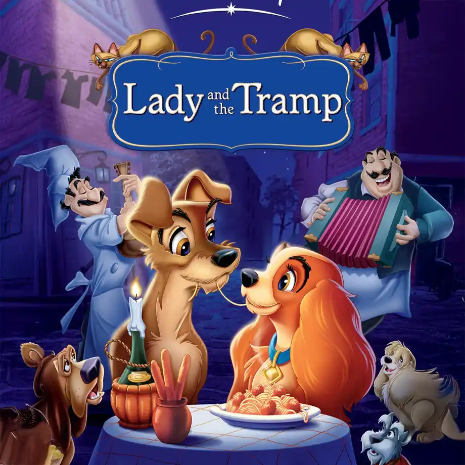 The cover image of Lady and the Tramp, a heartwarming animated film about a refined Cocker Spaniel and a street-smart mutt. This beloved Disney classic is a must-watch among the best animated movies, offering romance, adventure, and memorable songs.